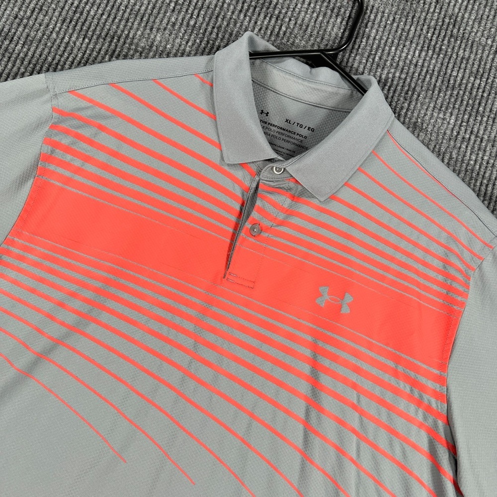 Under Armour Performance Polo Shirt Mens XL Extra Large Gray Coral Striped Short